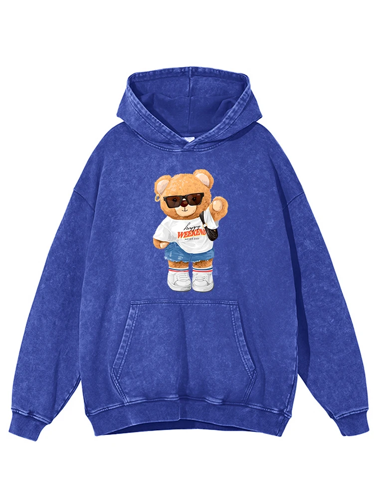 

Bear Sister With Simple Sports Style Women Cotton Interesting Print Hoodie O-Neck Washed Hoodies Retro Distressed Oversize Tops