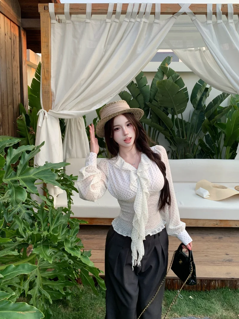 

Elegant Long Sleeve Chiffon Blouse Women's Spring Fashion Slim Fit Short Style White Polka Dot Top Design Sensation Lace