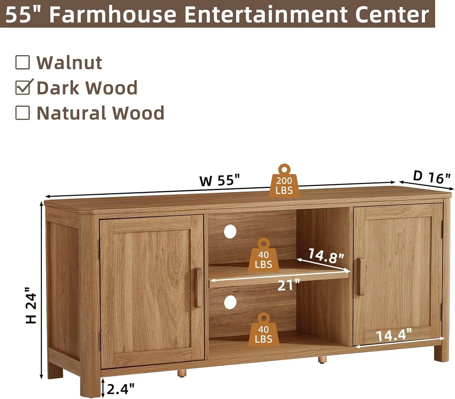 Farmhouse TV Stand Entertainment Center With Storage Rustic Wood Media Console Cabinet Table Unit 2 Door Adjustable Shelves Furniture For Living Room Bed Room Up To 65 Inch, Dark Wood