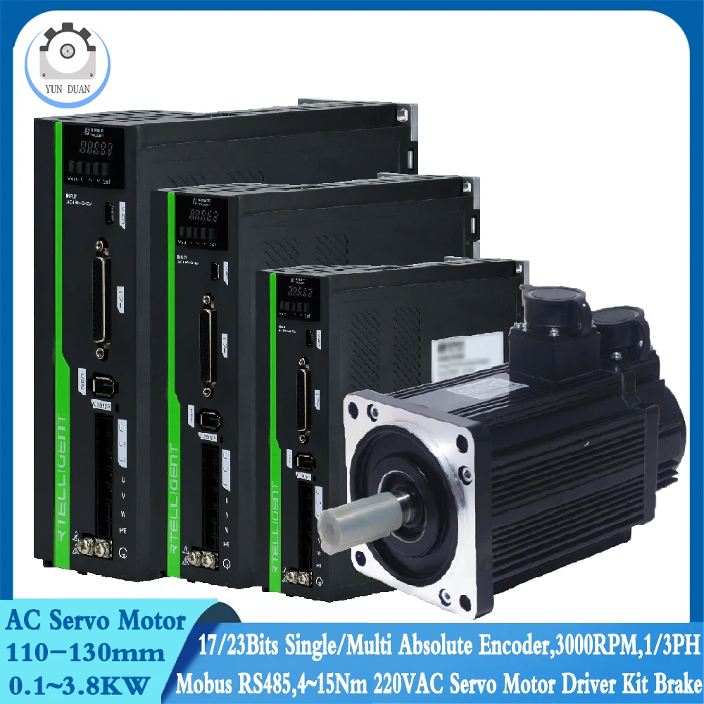 

220V AC Servo Motor Driver Kit 1-3.8KW,1/3PH 3000RPM Modbus RS485,23/17Bit Absolute Encoder Servo Motor Brake 4~15Nm