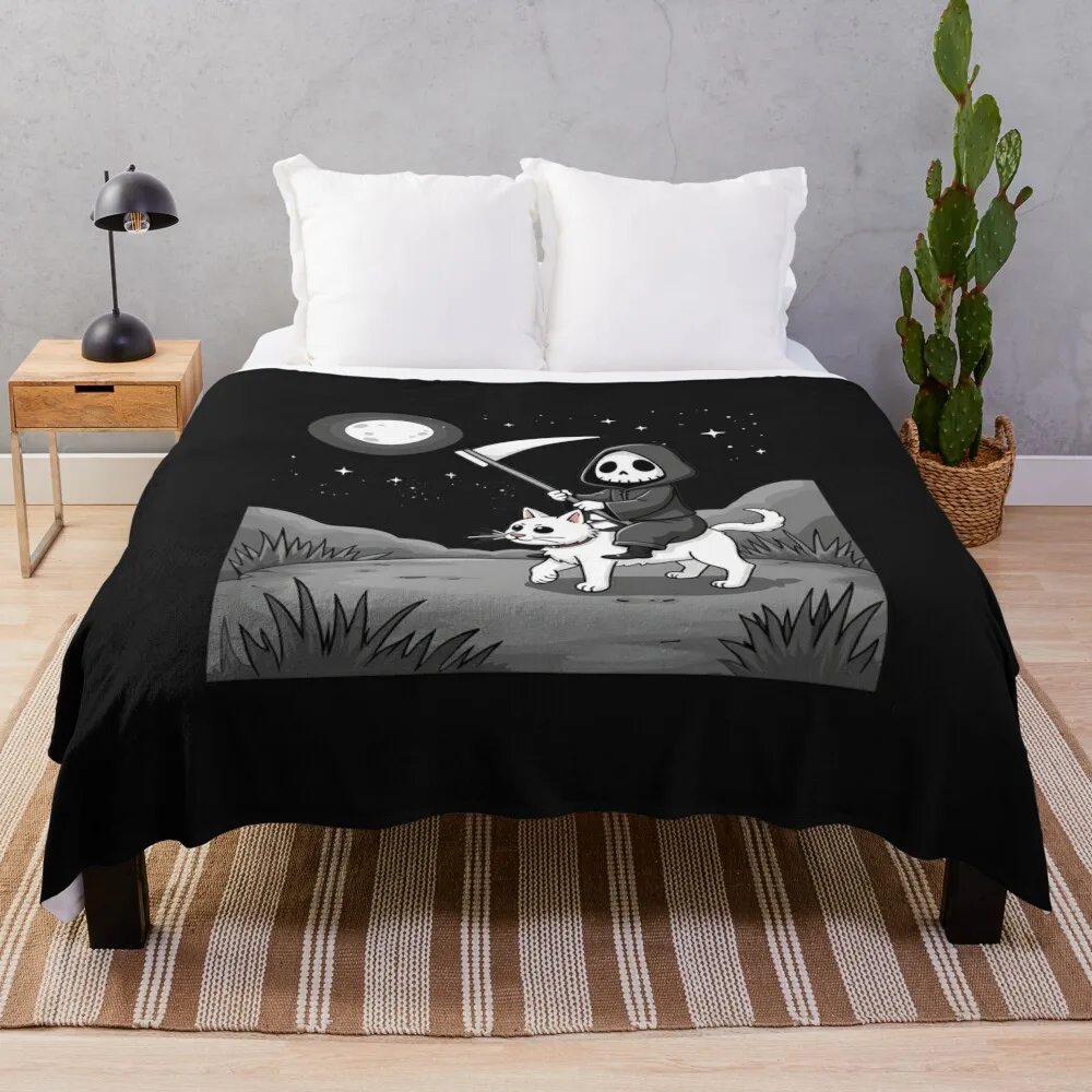 

Grim Reaper Riding a Cat Under the Moon Throw Blanket Thermal Polar Bed Hair Blankets