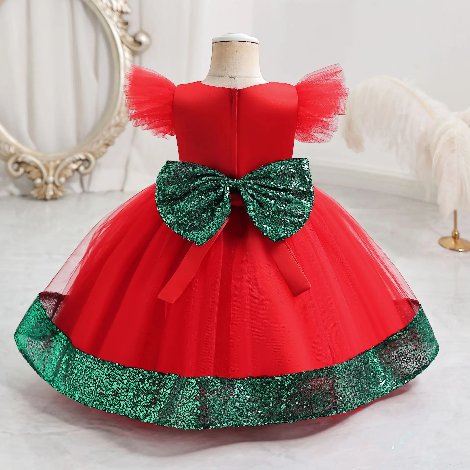 Red Christmas Girl Dresses Puffy Princess Birthday Casual Clothes for Baby Girl Sequins Bow Hem Infant Dress Gown 0-4 Years