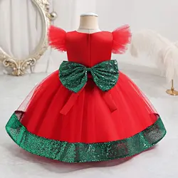 Red Christmas Girl Dresses Puffy Princess Birthday Casual Clothes for Baby Girl Sequins Bow Hem Infant Dress Gown 0-4 Years