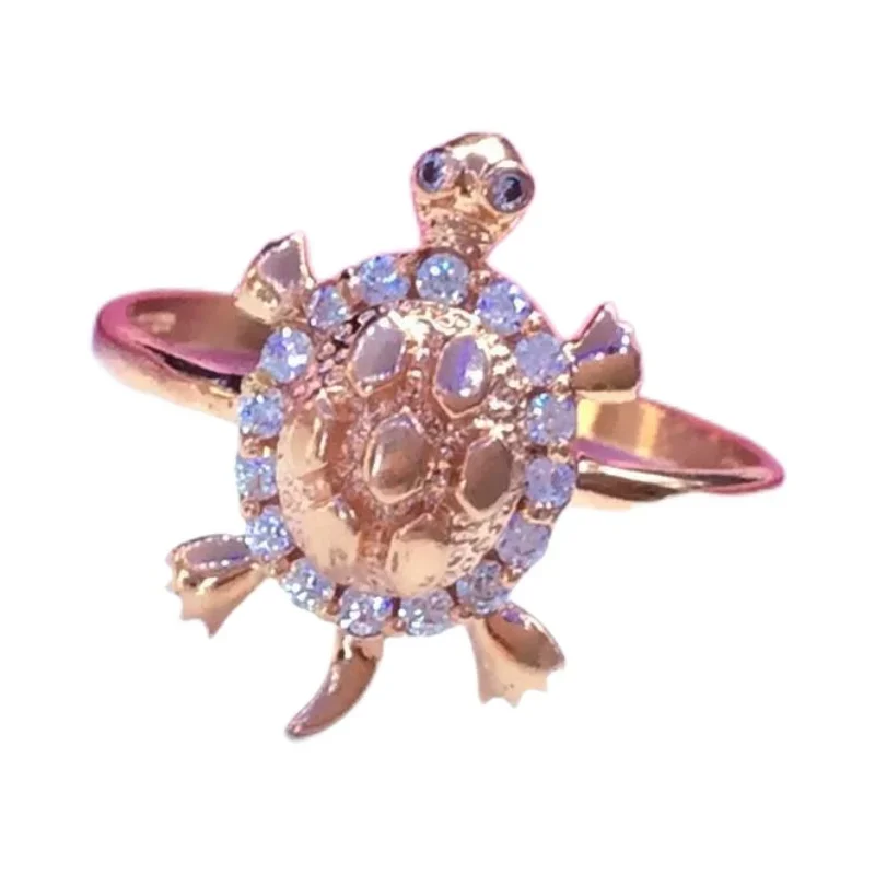 Classic Chinese Style Shiny Cute Turtle Shaped Rings for Women Rose Golden Inlaid Crystal Ring Exquisite Design Jewelry