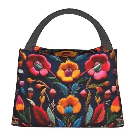Mexican Embroidery Floral Insulated Lunch Bag for Women Children Portable Food Boxes Thermal Lunch Box Tote