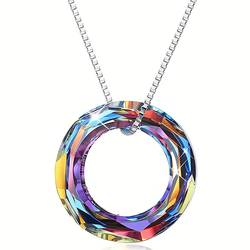 Colorful Austrian Crystal Angel Ring Pendant Necklace with Magic Collarbone Chain