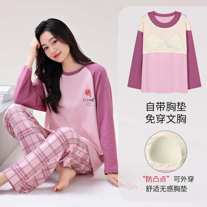 Newest Spring and Autumn 100% Cotoon Pyjamas With Chest Pad Big Size M-3XL Female Pajamas Set Long Sleeve Casual Sleepwear