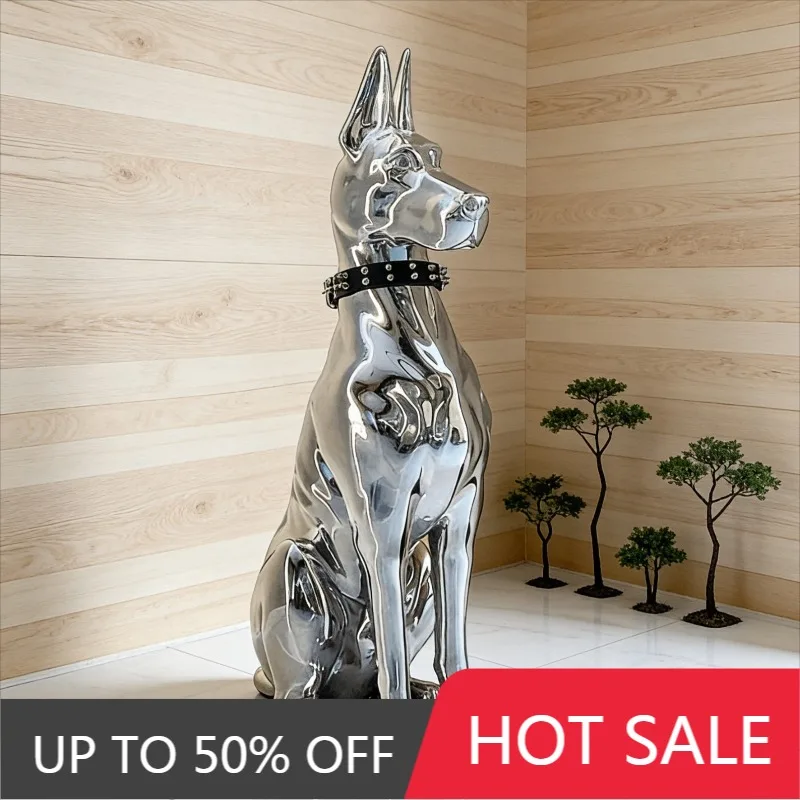 Luxury Chrome Doberman Floor Sculpture， Large Electroplated Dog Statue, Modern Art Decor for Home Entryway