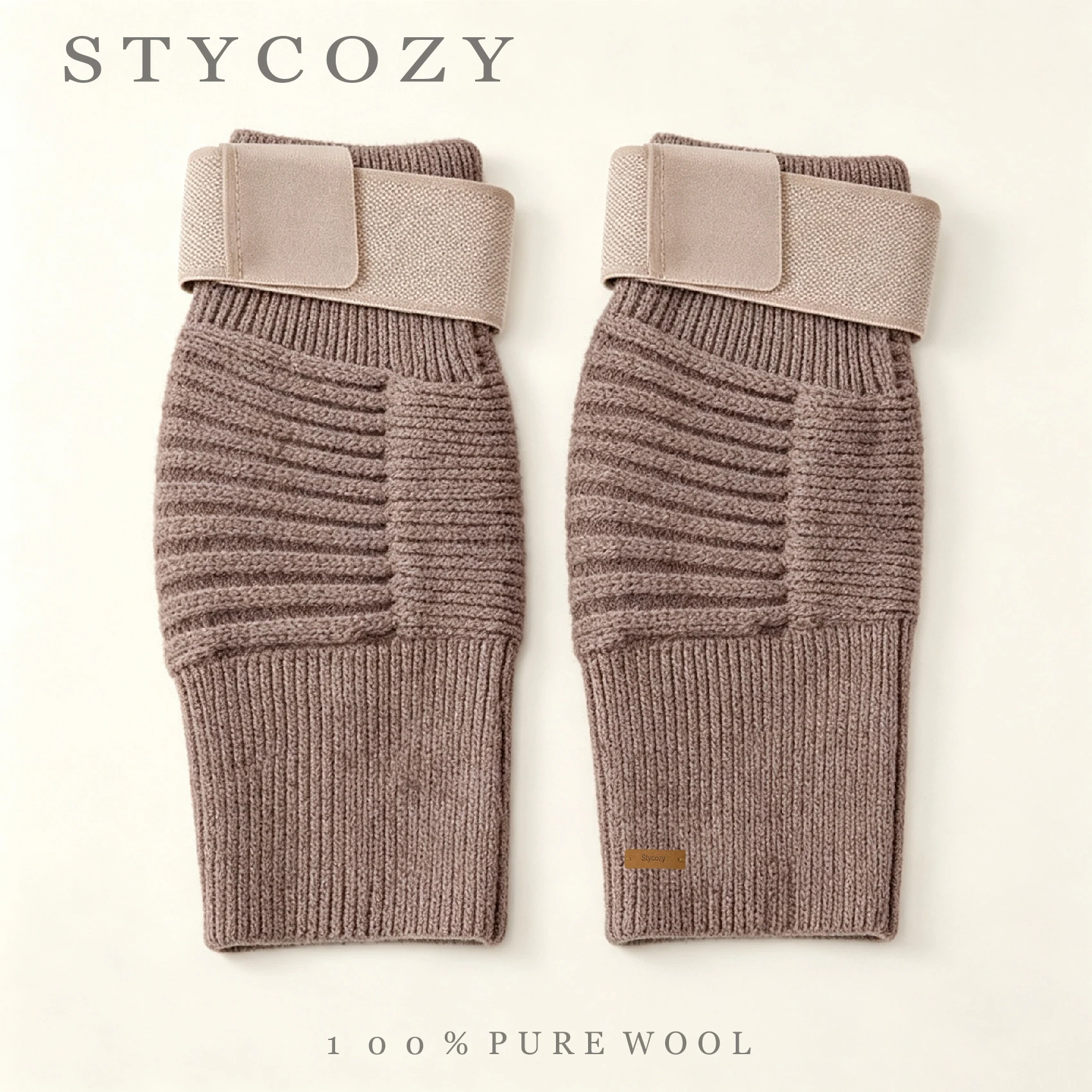 100% Wool Knit Knee Warmer Unisex Winter Thermal Solid Knee Sleeve Ribbed Adjustable Hook Loop Strap Anti Slip Leg Warmer