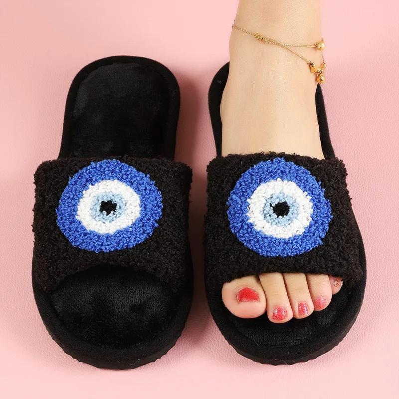 Blue Evil Eyes Curly Slippers Autumn Women Plush Slippers Couple Open Toe Home Cotton Shoes Flat Bedroom Warm Flannel Slippers