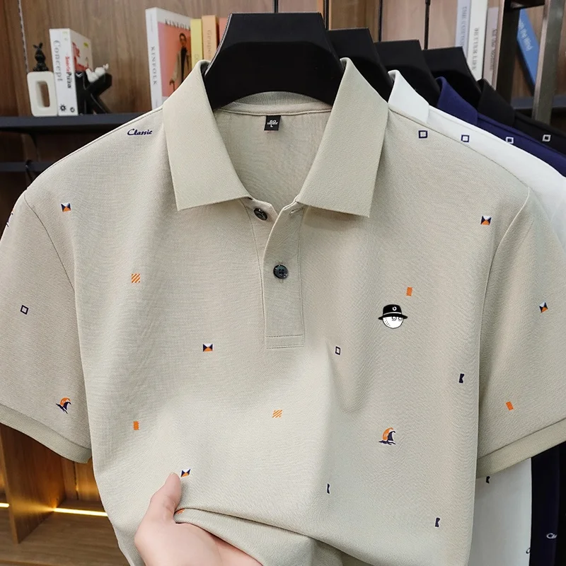 High Quality Men Summer New Short-Sleeved Polo Shirt Lapel Button Multi-pattern Stamp T-Shirt Korean-Style Trend Men's Clothing