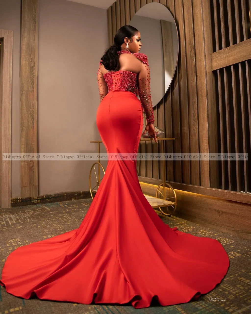 Aso Ebi Red Mermaid Evening Dresses Long Sleeve Side Split Pearls Beads Illusion Africa Formal Dress robes de soriee Customized