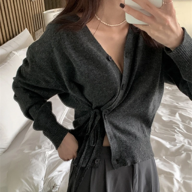 Side Lace-up Tunic Cardigan V-neck Single Breasted Outerwears Long Sleeve Ropa Mujer 2024 Woman Cardigans Autumn Sweater