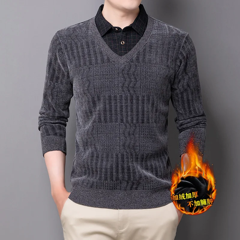 

Jacquard Velvet Thickening Sweater Men's T-shirt Winter Knitted Warm Top