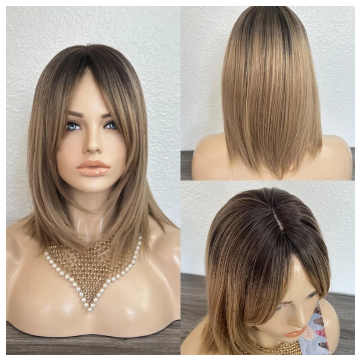 Blonde Brown Bob Straight Wig with Bangs - Lightweight High Quality Dark Roots Synthetic Lace Front Glueless Natural Looking Wig