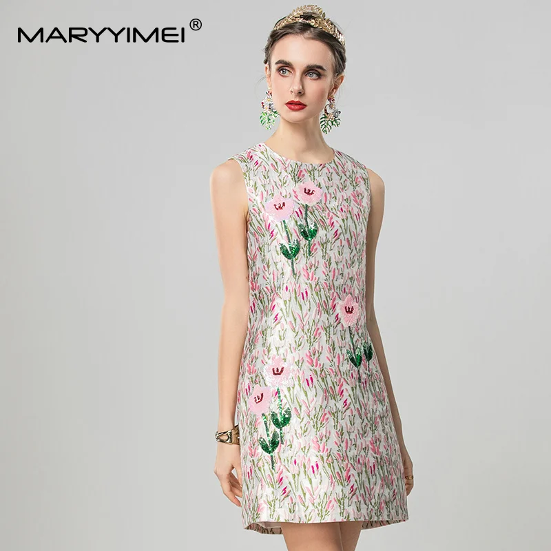 MARYYIMEI Spring Summer Women Dress Sleeveless Jacquard Tank Sequins High Street Slim Short Dresses