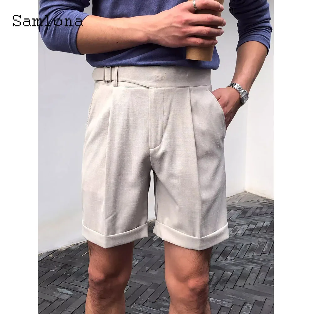 Mens Vintage Crimping Suit Short Pants 2024 European Style Casual Knee-Length Pant Solid Apricot Comfy Diagonal Buckle Up Shorts