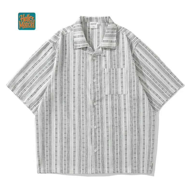 

HELLOMARCEL Free Shipping EU US Size Vintage Linen Striped Cargo Short Sleeve Shirt Men Oversized Half-Sleeve Cuban Collar Shirt