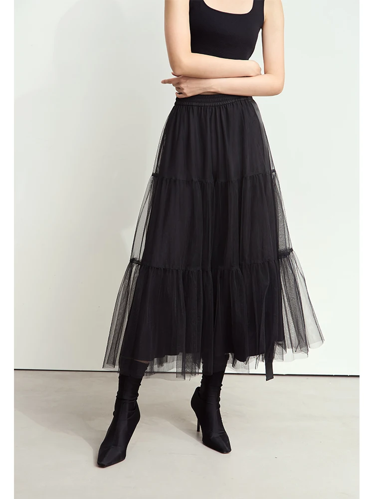 AMII Minimalist High Waist Layered Tulle Maxi Skirt Elegant A-Line Mesh Black White Party Skirts for Women Sweet Skirts 12443071