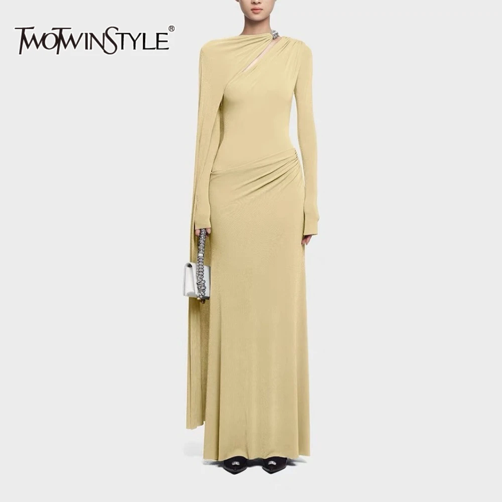

TWOTWINSTYLE Solid Slimming Spliced Hollow Out Dresses for Women Round Neck Long Sleeves Patchwork Folds Irregular Dress Female