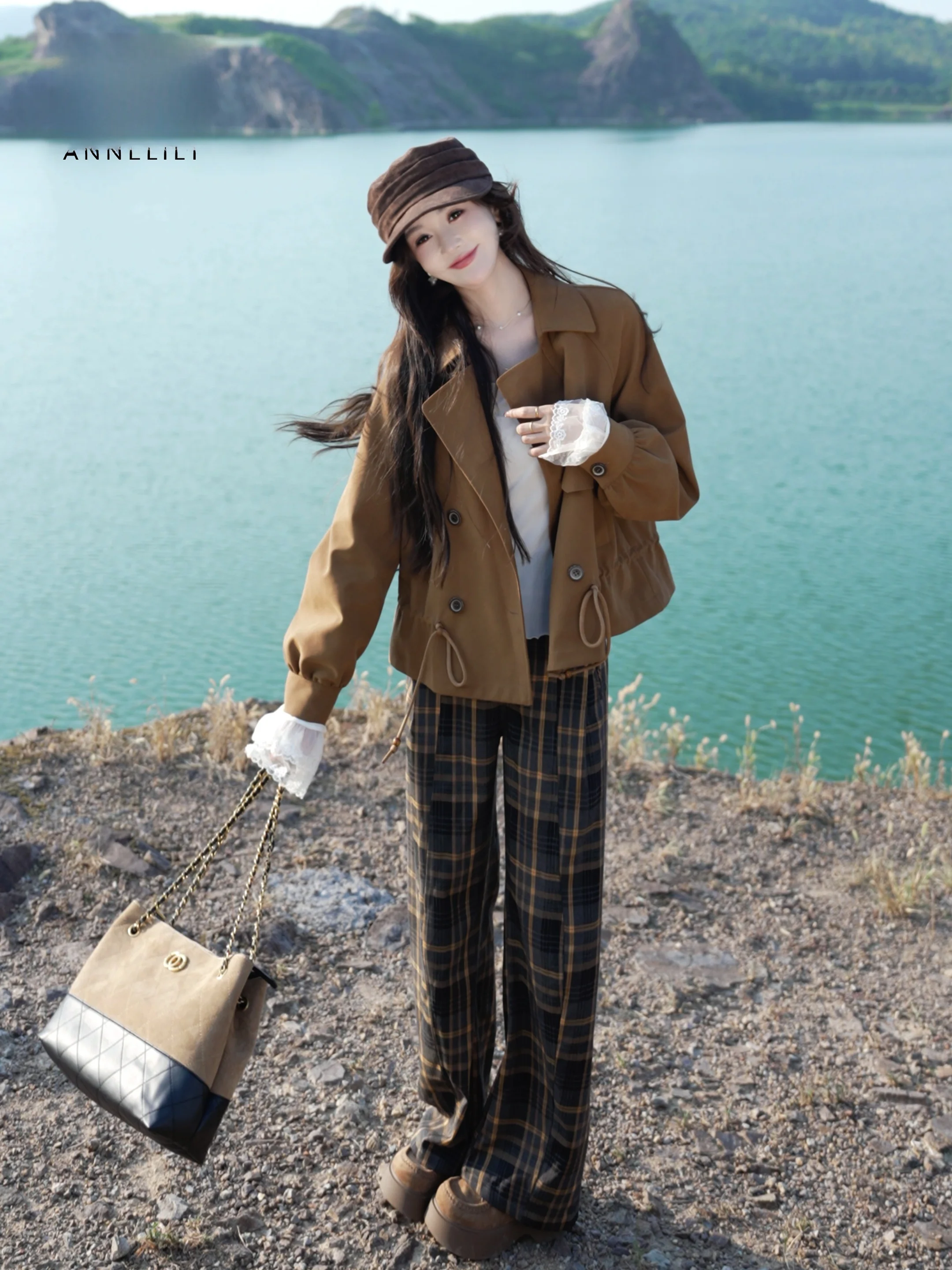 

Модные женские повседневные универсальные брюки в клетку Annelily, осенняя новинка, широкие брюки с завышенной талией