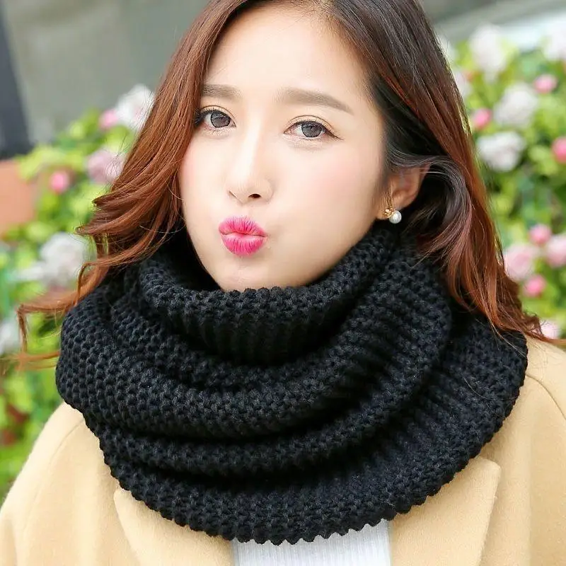 

Winter Knitted Scarf Thickened Snood Scarves Solid Color Windproof Neck Warmer Outdoor Women Men Coldproof Loose Tube Scarf