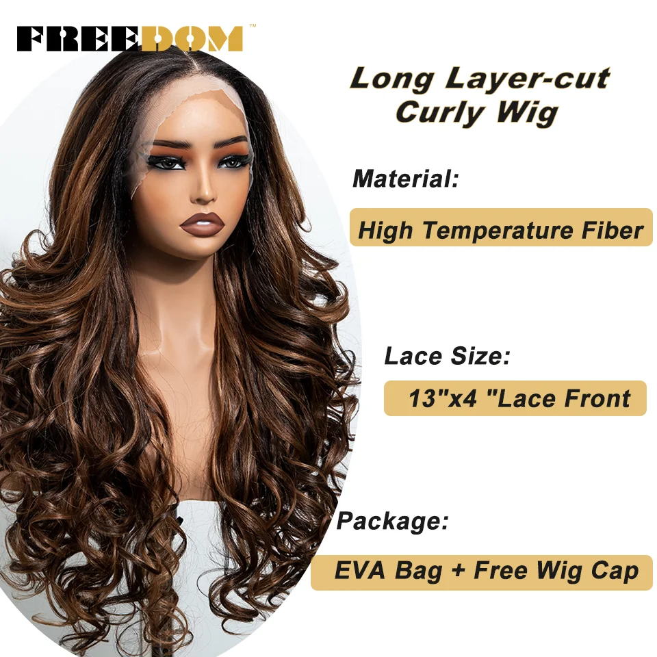 FREEDOM Lockige Synthetische Lace-Front-Perücken für Schwarze Frauen 24 Zoll Vorgezupfte Lace-Perücke Ombre Braun Blond Highlight Tägliche Perücke – Detail 9