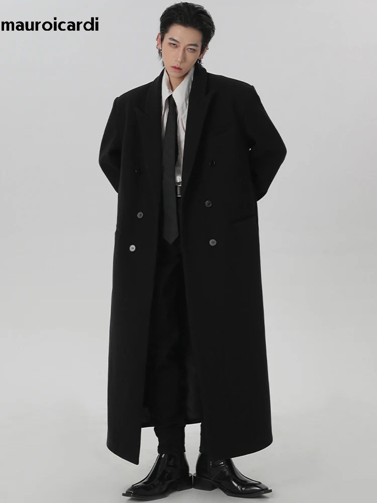 

Mauroicardi Autumn Winter Extra Long Black Oversized Warm Wool & Blends Coat Men Shoulder Pads Double Breasted Luxury Outerwear