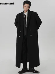 Mauroicardi Autumn Winter Extra Long Black Oversized Warm Wool & Blends Coat Men Shoulder Pads Double Breasted Luxury Outerwear