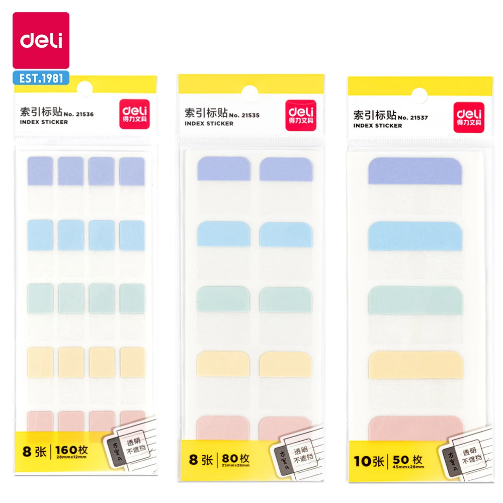 Deli-Multicolor Index Sticky Notes, Post adesivos transparentes, Marcador de página, Planejador, Escola adesivos, 120 folhas, 80 folhas, 50 folhas