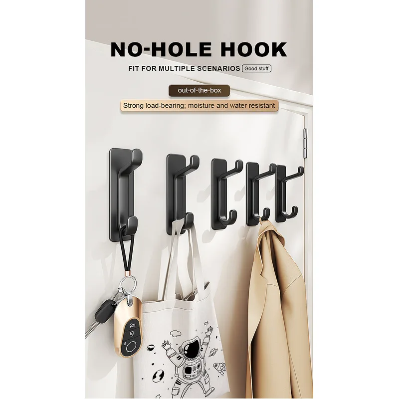 5pcs Wall-mounted Clothes Rack, Multi-functional Hooks, No-drill Installation, Bedroom Storage Rack, Bathroom Door Shelf, Wardro