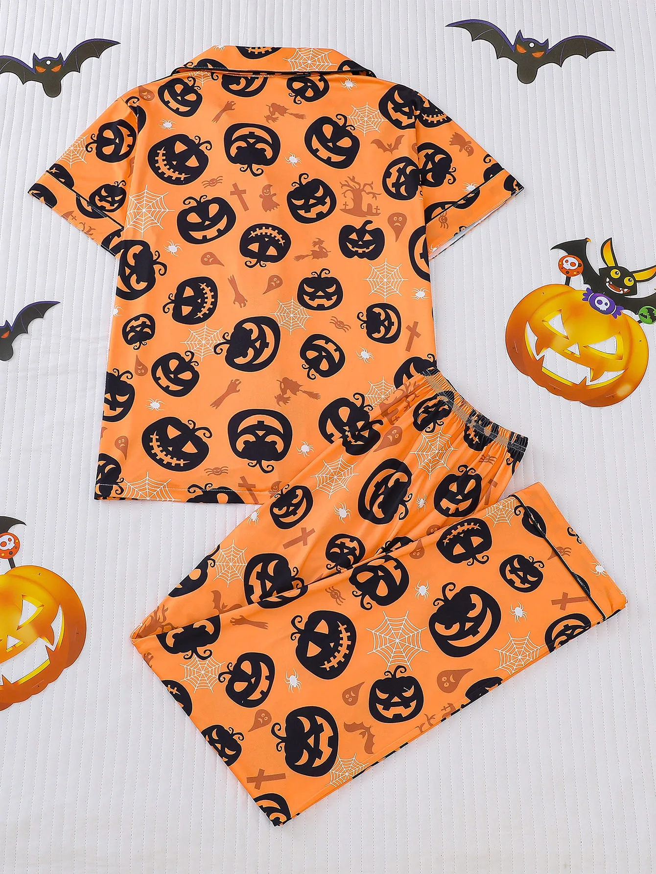 Halloween Pumpkin Collar Short and Long Women\'s Printed Pajama Set Short Sleeve Top and Loose Pants Comfortable Women\'s Pajamas