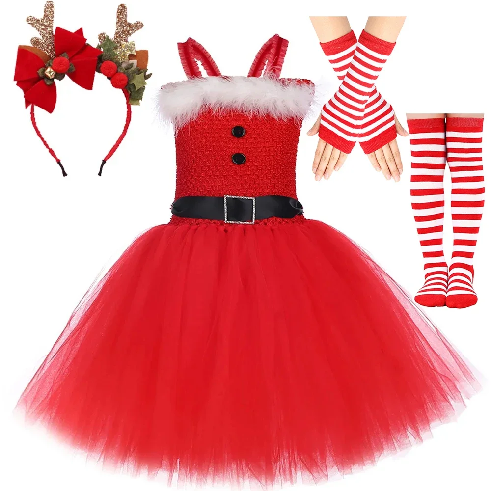 Christmas Santa Claus Costumes for Girls Xmas Holiday Princess Dresses for Kids New Years Carnival Clothes Children Lined Tutus