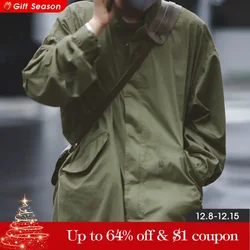 Maden Men's Vintage M51 Fishtail Green And Camel Trench Coat Woven Waist Rope Mid-length Oversized Loose Coat for Men