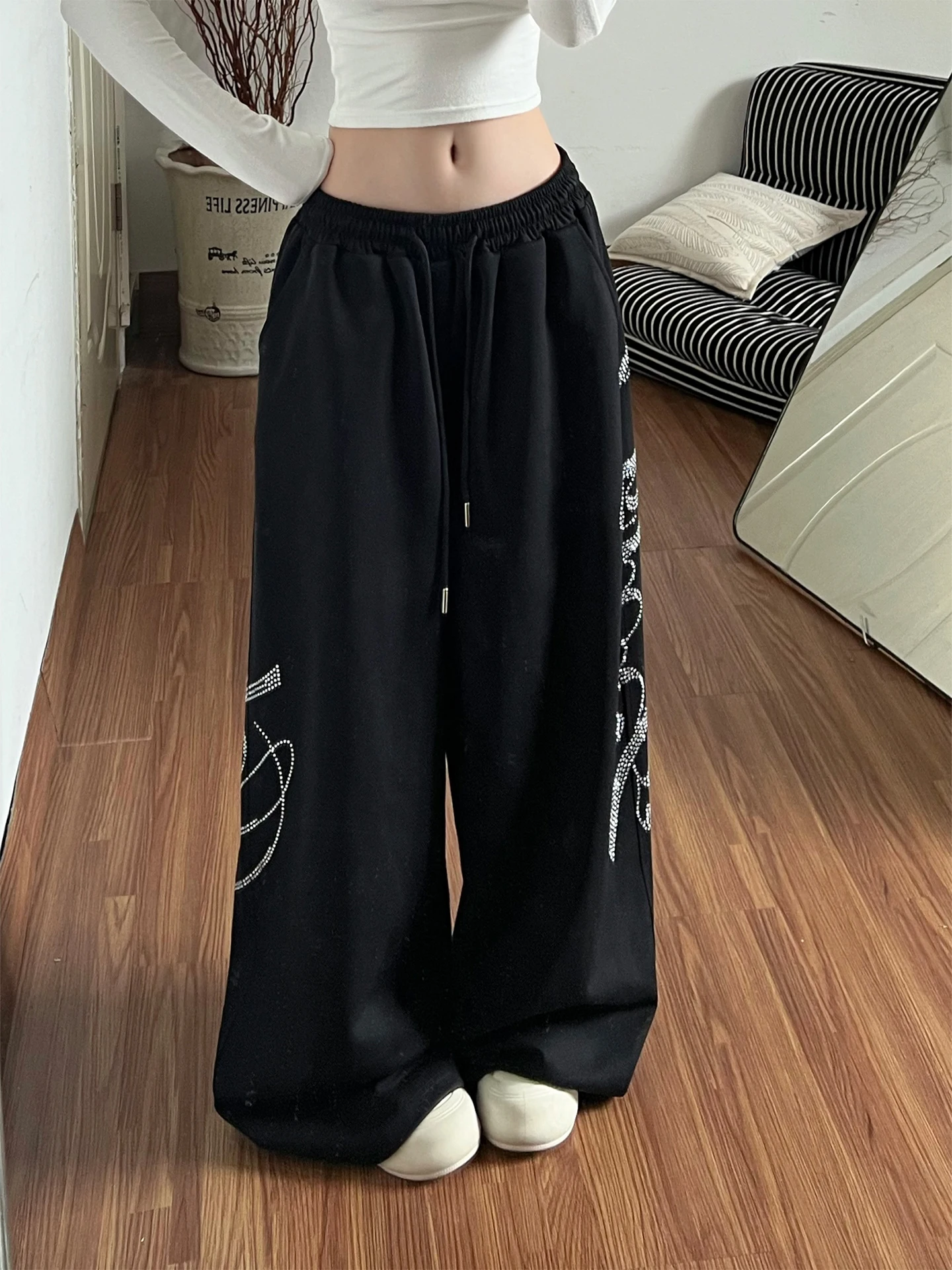 

Black Loose Wide Leg Casual Pants for Women Spring American Retro Design Street Dance Jazz Dance Trendy High Waist Glitter
