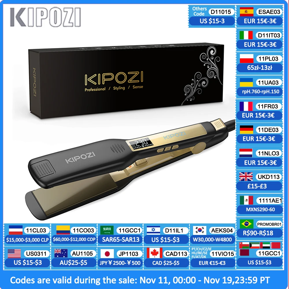 Kipozi-チタンストレートヘアアイロン,デジタルlcdディスプレイ,ダブル電圧,瞬間加熱