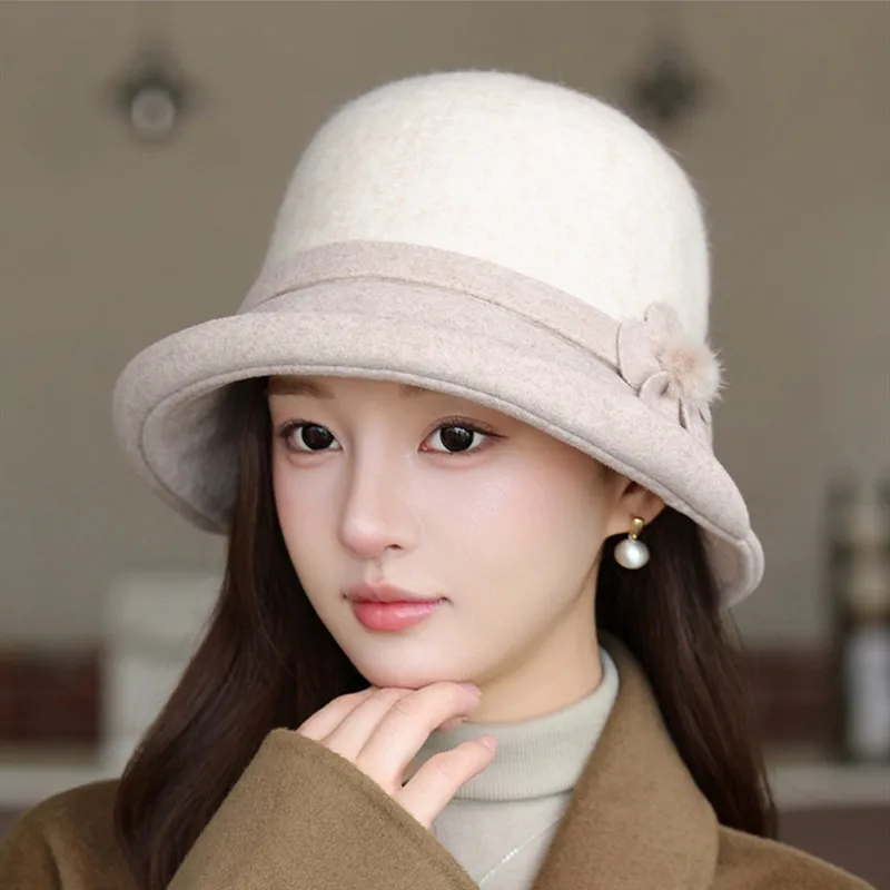Women French Hepburn Style Rabbit Hair Blend Bucket Hat Autumn Winter Thickened Warm Versatile Elegant Wool Fisherman Hats