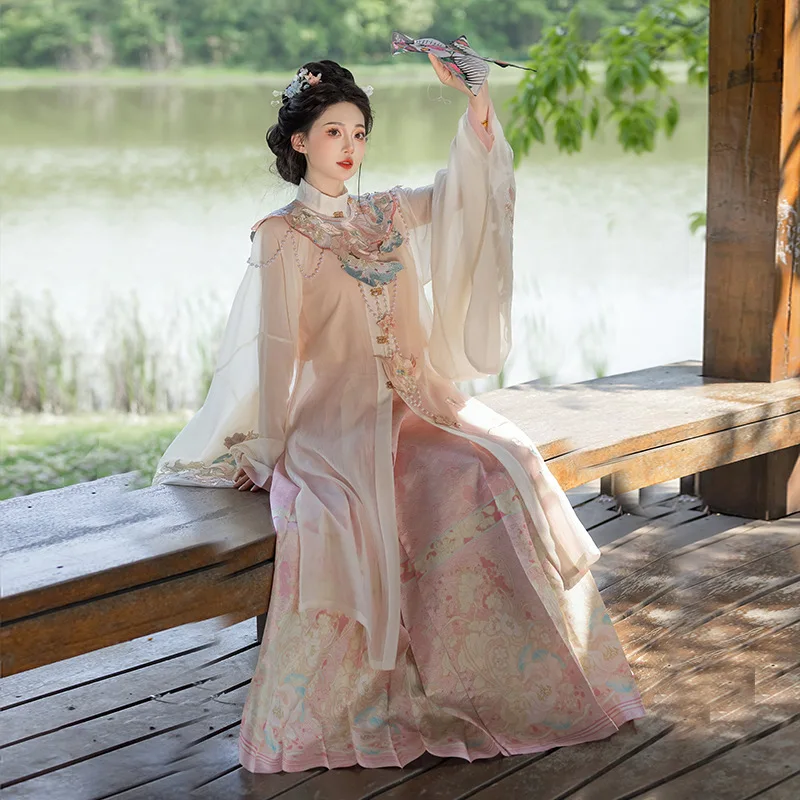 YJ40 Hanfu Female Horse Skirt 2024 New Style Chinese Style Embroidery Standing Collar Long Gown