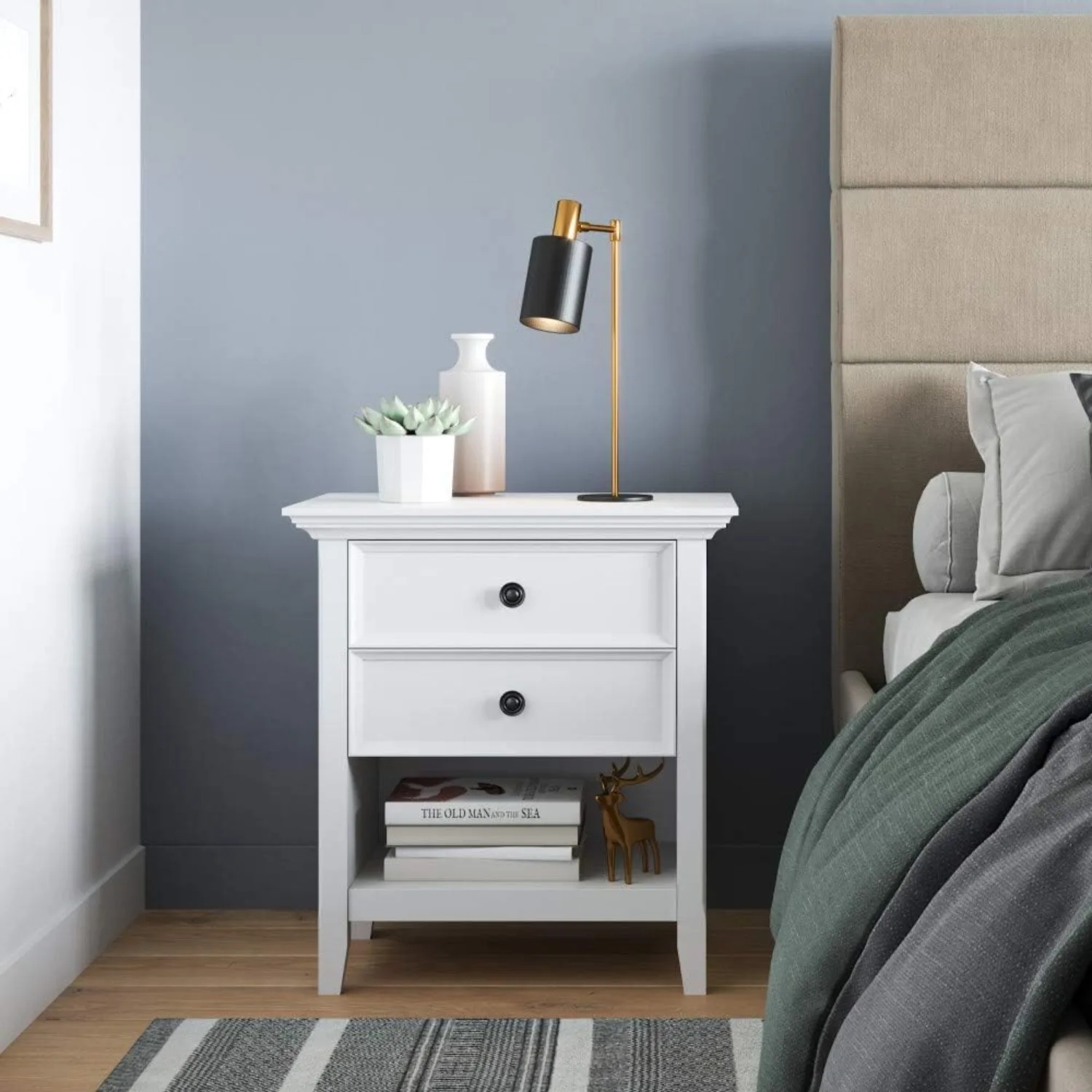 Amherst 24 inches Wide Night Stand, Bedside table, White SOLID WOOD, with Storage, 2 Drawers and 1 Shelf