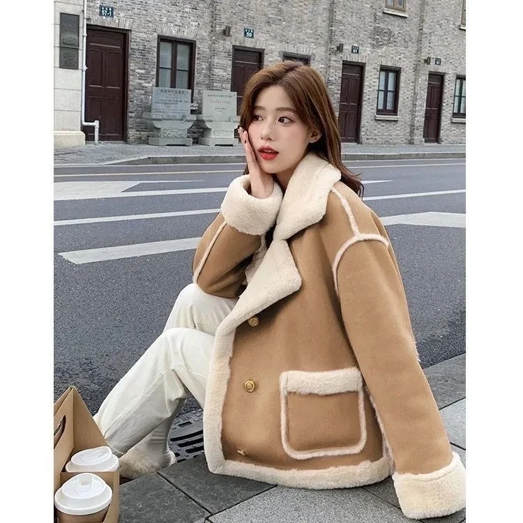 French High-End Imitation Lambswool Coat 2025 New Plus Velvet Fur Integrated Cotton Coat Women Winter Warm Thicken Fur Coat