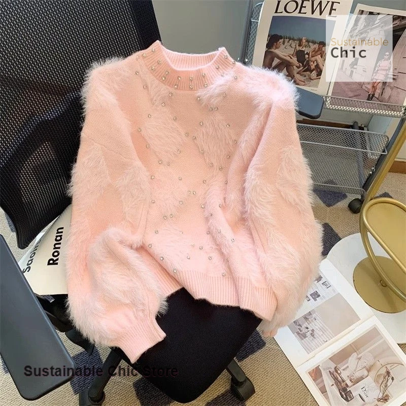 

French style mink velvet soft waxy beautiful sweater women's autumn and winter high-grade diamond-encrusted sweater loose top