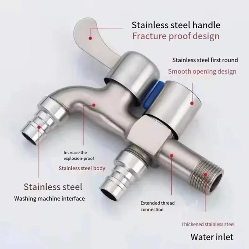 Stainless Steel Faucet Double Outlet Dual Control Water Tap One in Two Out Faucet 1/2