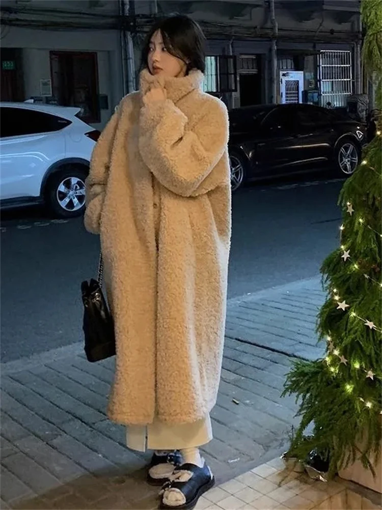 Thick Winter Lambwool Faux Fur Jackets Loose Warm Mid-length Coats Elegant Korean Plush Chaquetas Women Luxury Furry Overcoat