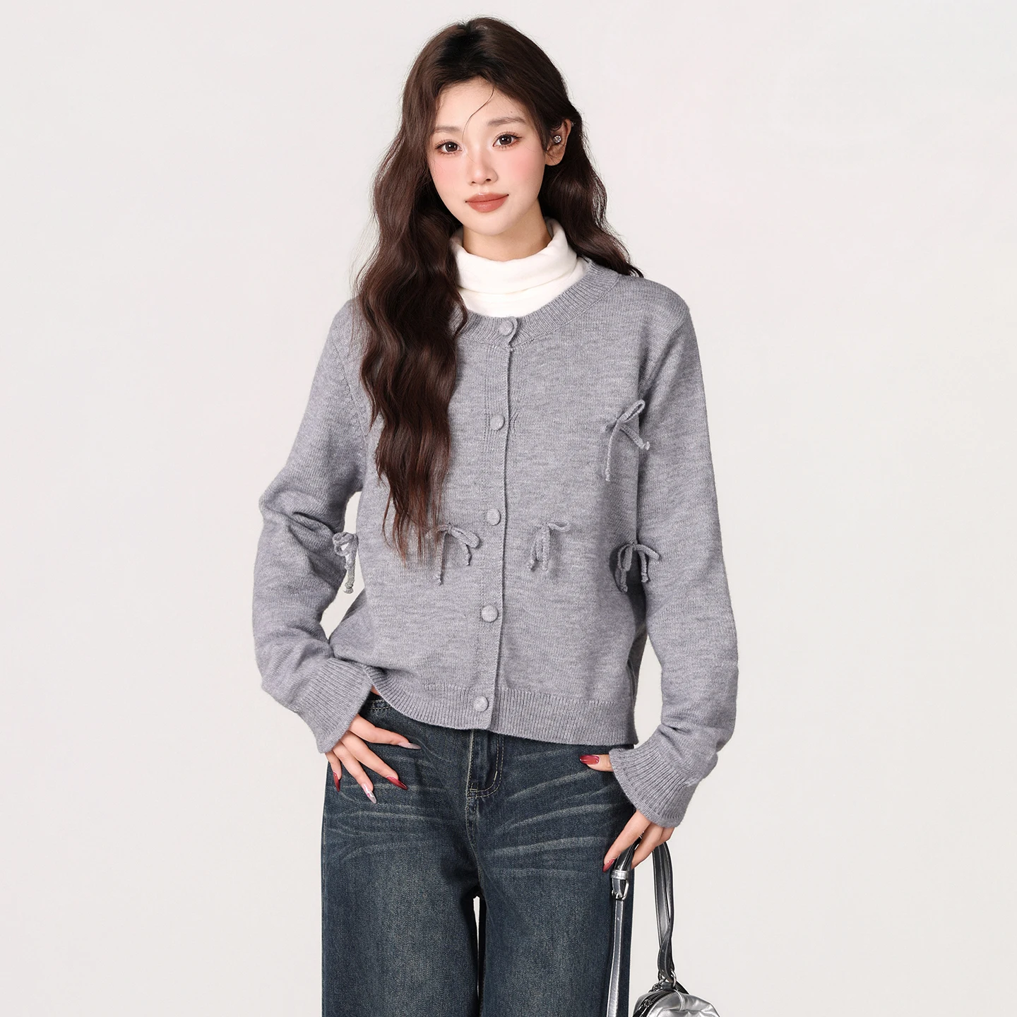 

Повседневный стиль, однобортный трехмерный галстук-бабочка с круглым вырезом, мягкий и липкий вязаный кардиган для женщин, осень/зима 202