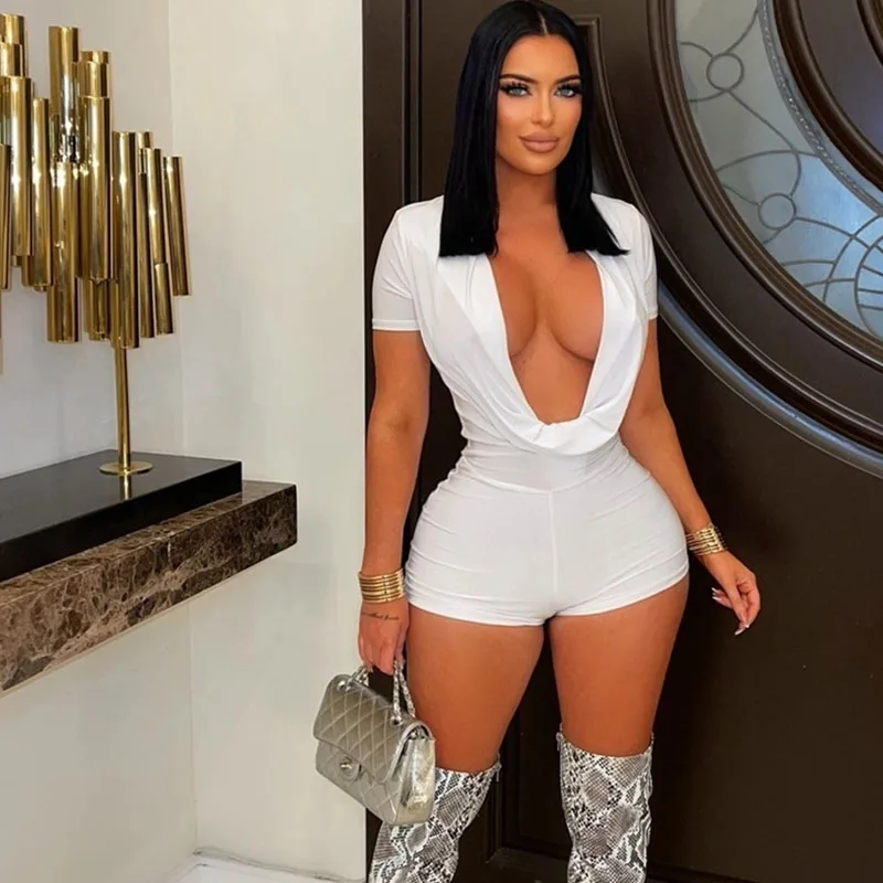 

Сексуальный облегающий комбинезон с глубоким v-образным вырезом для женщин, облегающий комбинезон с короткими рукавами, цельный комбинезон для клуба, вечеринки, комбинезон Femme