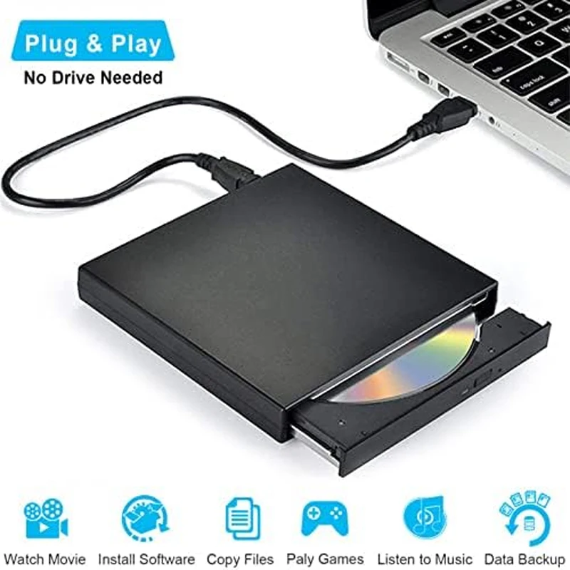 

External CD DVD Drive, USB 2.0 Slim Protectable External CD-RW Drive DVD-RW Burner Recorder Player for Laptop Desktop PC, Black