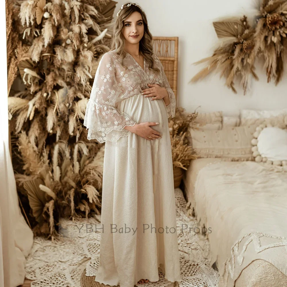 Women's Maternity Photography Dresses Vintage Linen Dress Embroidered Yarn Lace Sleeves Bohemian Baby Showers Pregnancy Dress