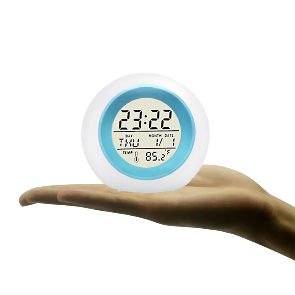 7 Colors Changing LED Alarm Clock Touch Control with Sleep Sounds Multifunctional Desk Clock Temperature Display Round Shape