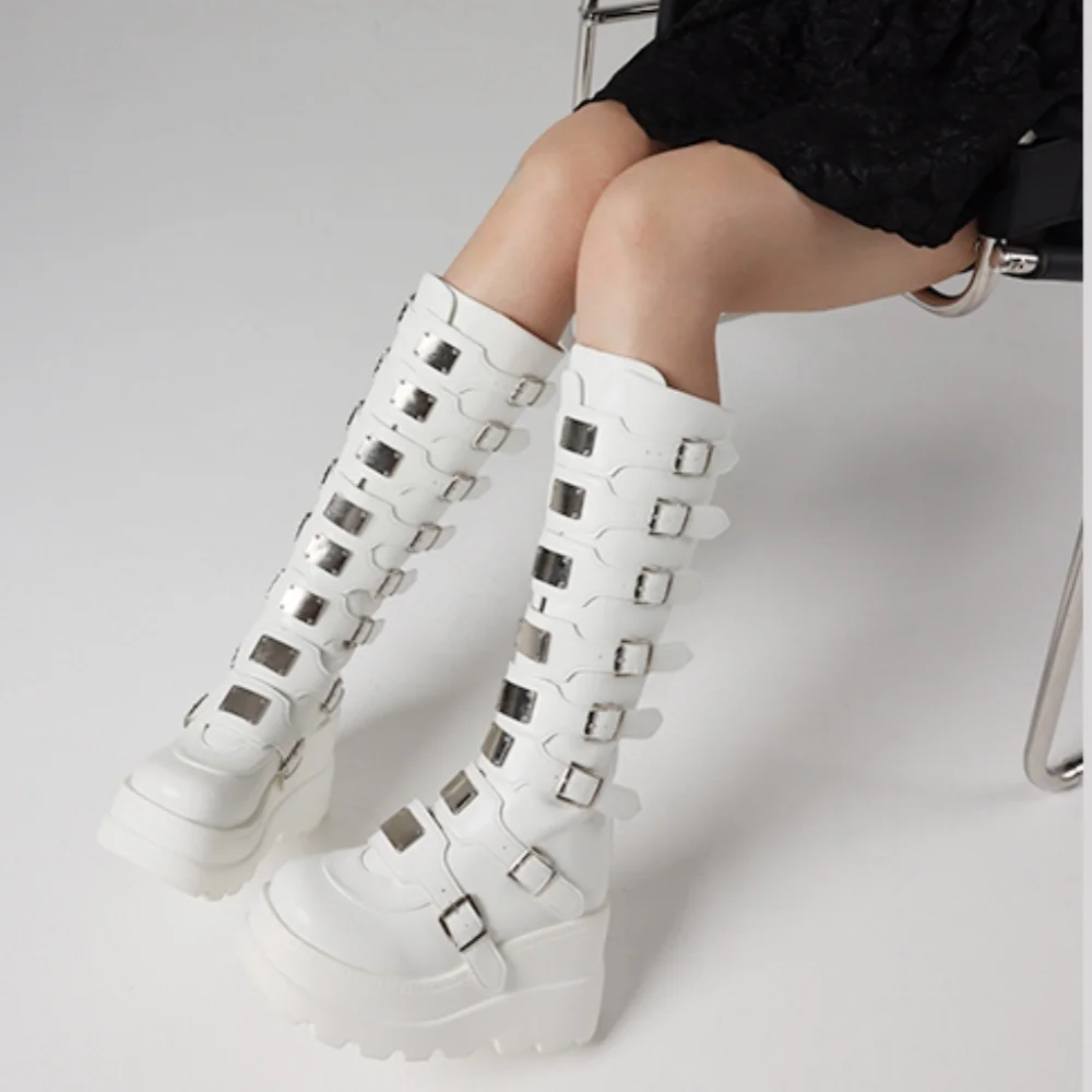 GIGIFOX القوطي مشبك معدني القتالية منتصف العجل أحذية للنساء جولة تو منصة مكتنزة عالية أسافين كول موضة دراجة نارية الأحذية
