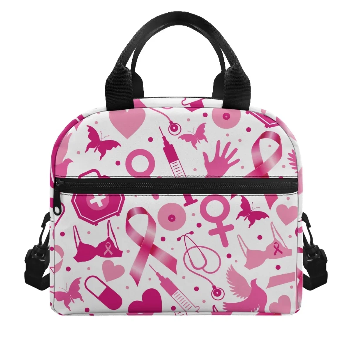 Pink Ribbon Breast Cancer Lunch Box for Women Zipper Design Breakfast Nsulation Thermal Package Camping Travel